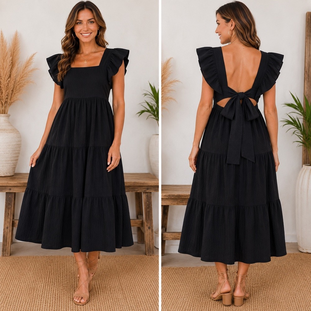 Blue Rain Black Tiered Ruffle Sleeve Open Tie Back Midi Dress Womens L
